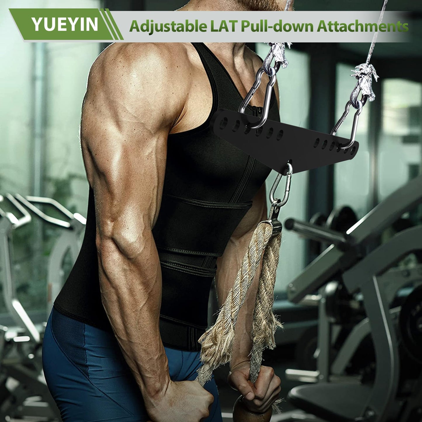 YUEYIN LAT Pull-Down Attachments, 6-Level Hole Adjustable, Cable Attachments for Gym, Compatible with Double or Single Exercise Handles, with 3 Strong Hooks, Black