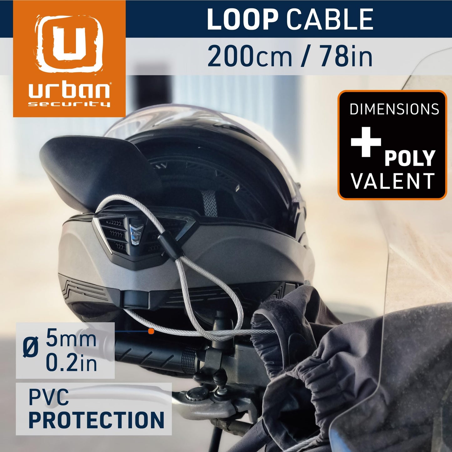 URBAN 5.200L Security Extension Cable for Disc Lock, 6,56ft/200cm, Flexible Braided Steel with Loops, Multifunctional Anti Theft Cable Lock for Bike, Motorcycle, Helmet, Bicycle, Electric Scooter