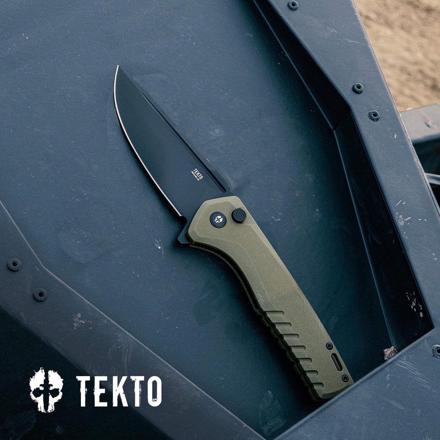 TEKTO F3 Charlie Button Lock Folding Knife, Fine Edge Blade, Tactical OD Green G10 Handle - Easy Open Pocket Knife with Titanium Coated D2 Steel & Black Titanium Barrel Spacers