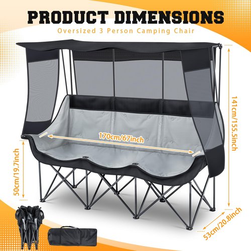 Teenyyou Oversized 3 Person Camping Chair with Canopy Shade Fully Padded Folding Camping Beach Lawn Chair for Summer Fall Outdoor Activities, Sturdy Loveseat with Cup Holder and Carry Bag(Black)