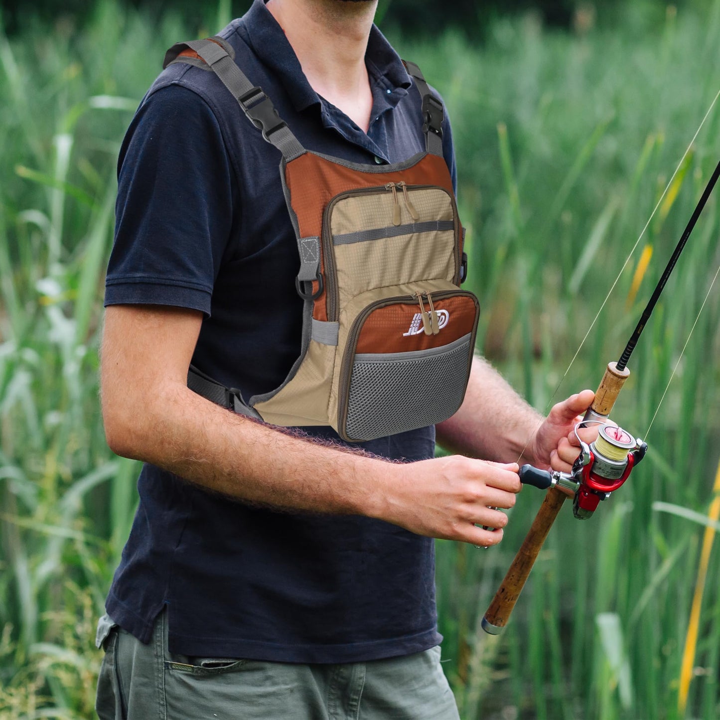 JLDTOP Fly Fishing Chest Pack, Lightweight Fishing Backpack, Fishing Tackle Storage Fits Up to Hold Fly Boxes, Fishing Accessories for Men(Orange + Gray)