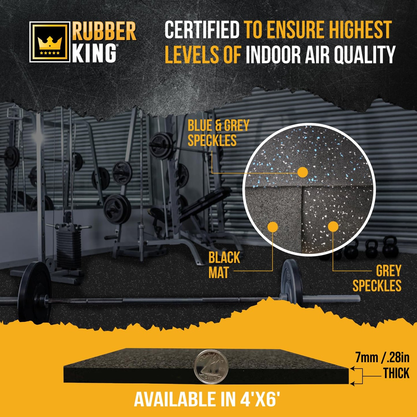 Rubber King Multi-Purpose Exercise Mat - 4' x 6' x 7mm - 100% Recycled Thick Rubber Mat for Home Gym Flooring, Non-Slip, Low-Odor Durable Workout Mat for Indoor/Outdoor, Shoe-Friendly - Grey