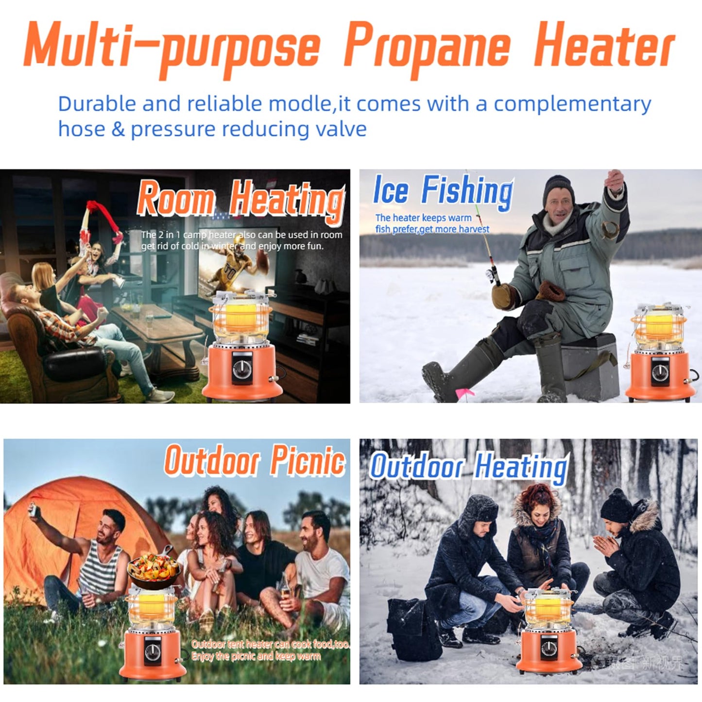 2 in 1 Outdoor Propane Heater, Portable heaters for indoor,camping butane stove, with Propane Hose + Pressure Reducing Valve for Ice Fishing Hiking Hunting, Survival Emergency, Patio,Garage