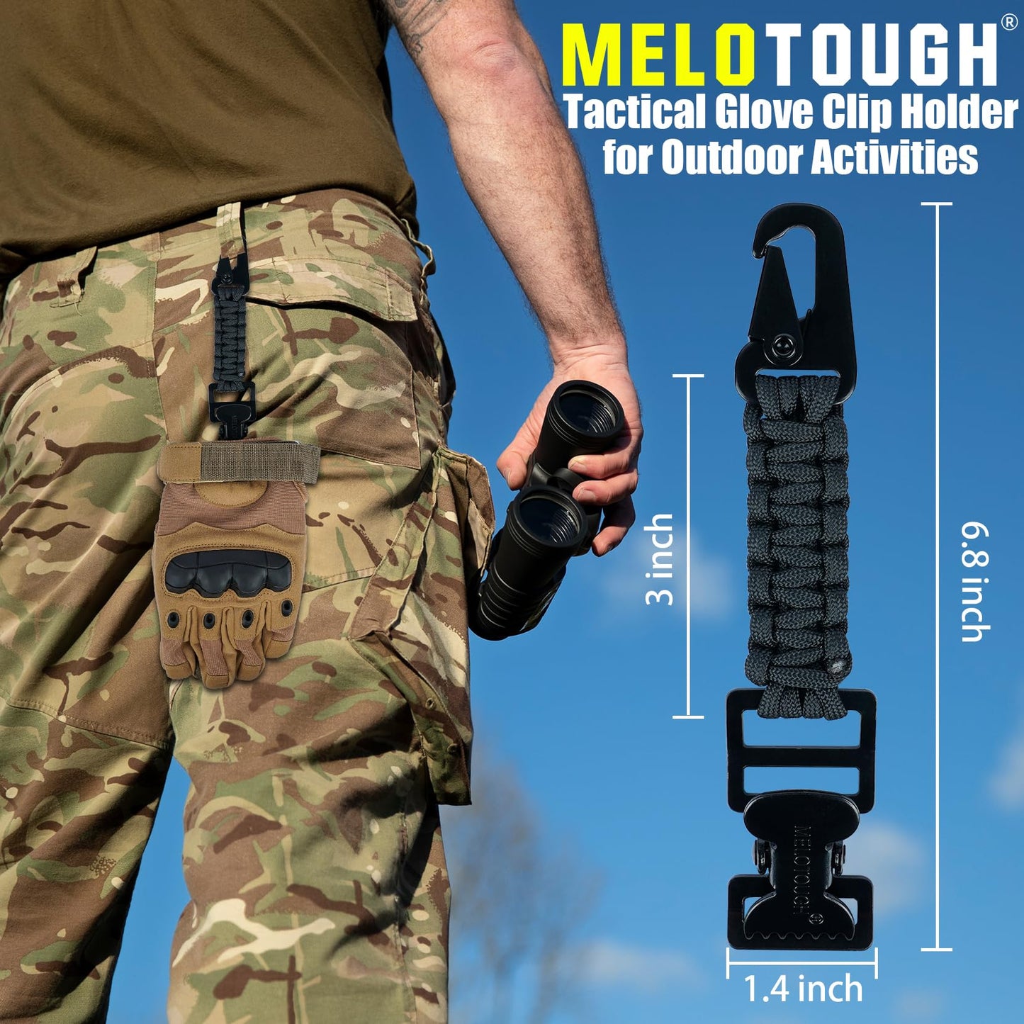 MELOTOUGH Tactical Glove Clip Braided Paracord Glove Holder Clip for Hunting, Hiking, Camping, Outdoor Activities (Black 2pcs)