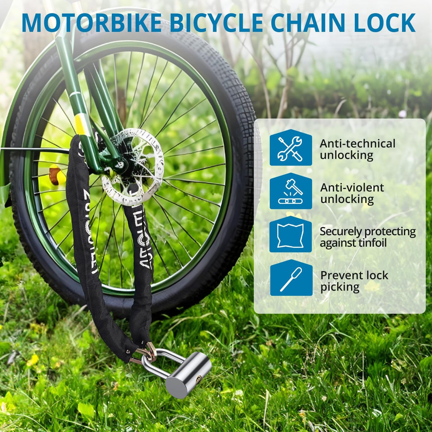 AUTOUTLET U-Lock Chain Lock, Full Metal U-Lock Chain Set with Crescent Copper Lock Cylinder for Motorcycle, Bicycle, and Trailer Security