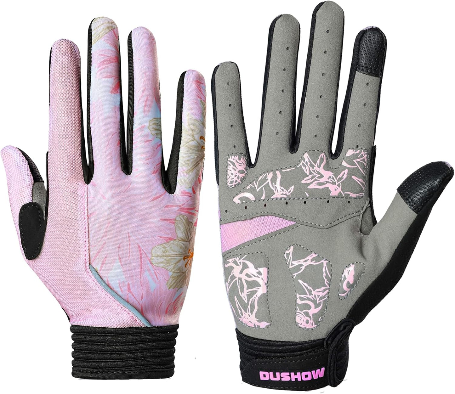 Pink Floral Cycling Gloves for Women | Full Finger Gel Padded Workout Gloves