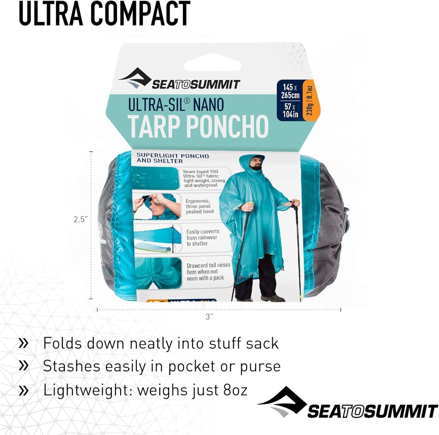 Sea to Summit Ultra-SIL Nano Tarp Poncho 4-in-1 Raincoat, Pack Cover, Groundsheet, and Shelter
