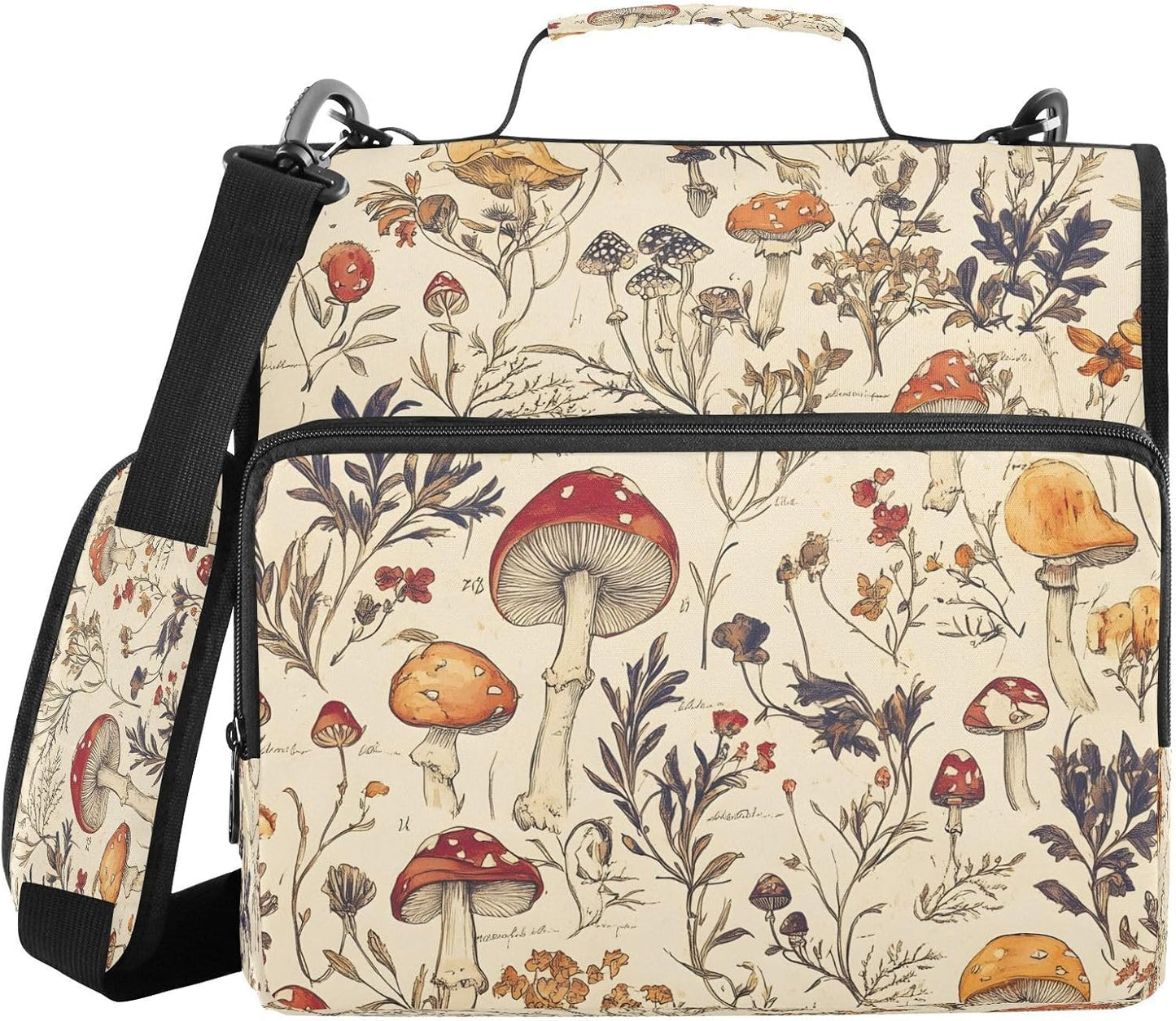 ALAZA Zipper Binder 3 Ring Hand Drawn Mushroom Binder Organizer with Zipper and Shoulder Strap Large Capacity Multi-Pocket Trapper Keeper File Folder for Office Supplies