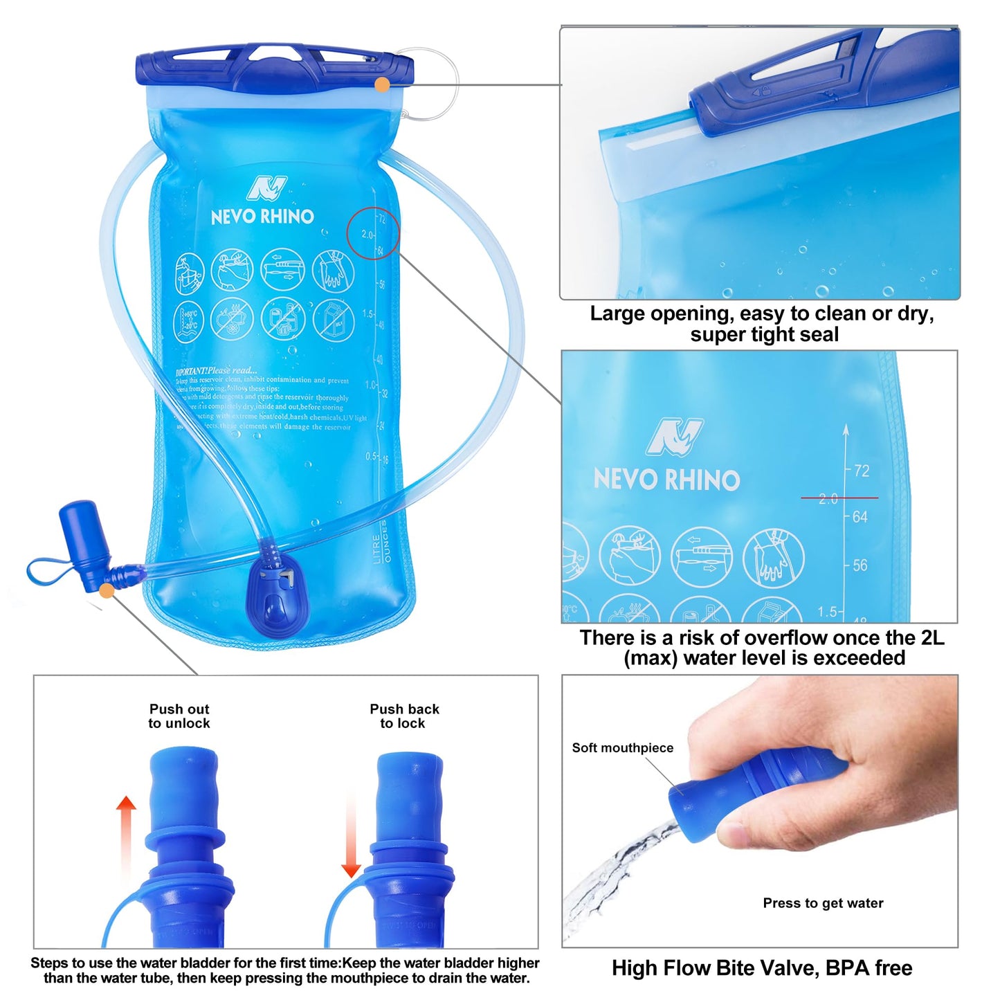 N NEVO RHINO Hydration Bladder 2L Leak Proof Water Reservoir,BPA Free,Wide Opening,2L Water Bladder for Hydration Backpack