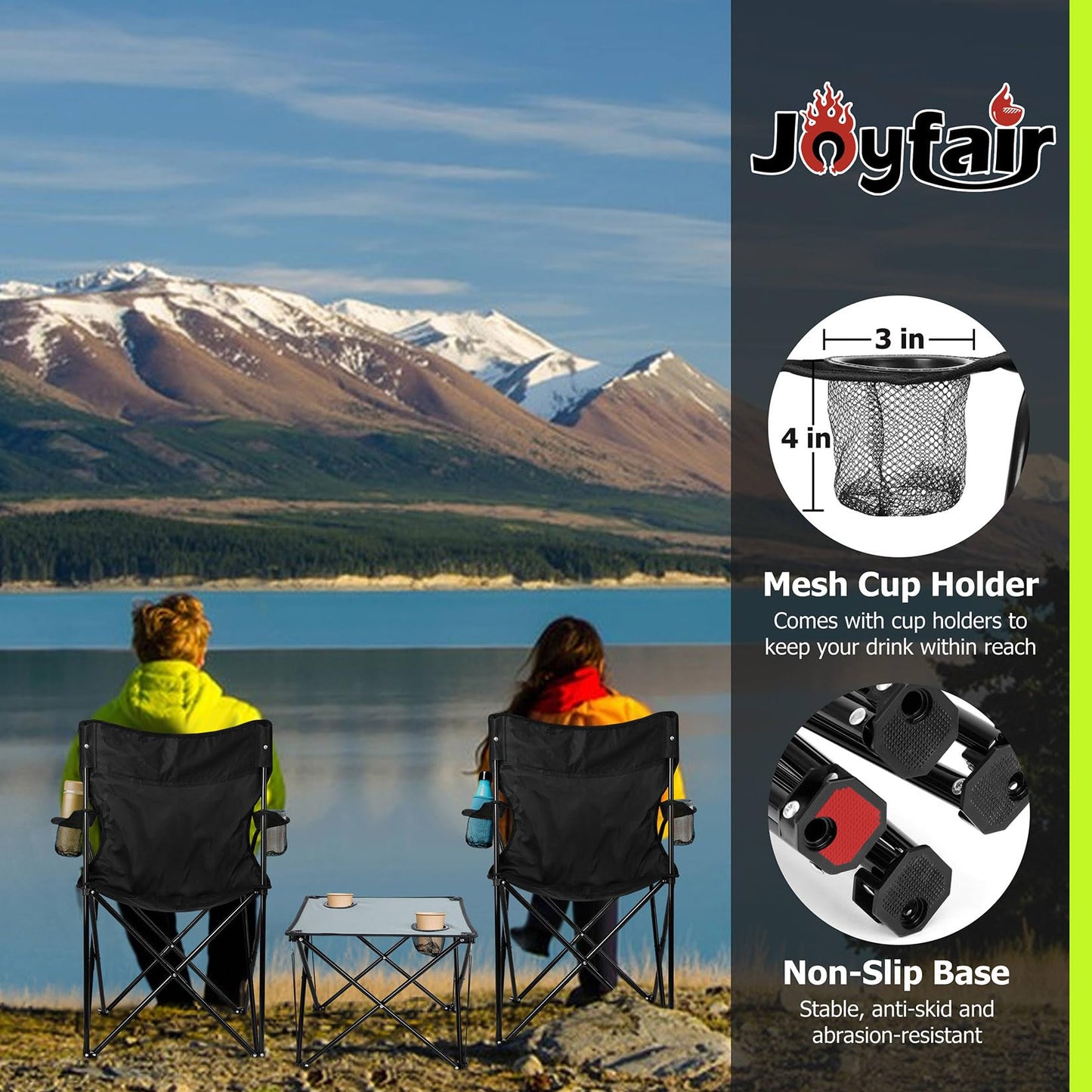 Joyfair Camping Chairs & Table Set(2 Chairs + 1 Table), Heavy Duty Portable Outdoor Lawn Large Folding Chair for Adults, Ideal for Backpacking Fishing Hiking, Carry Bag & Cup Holder (Black Chair)
