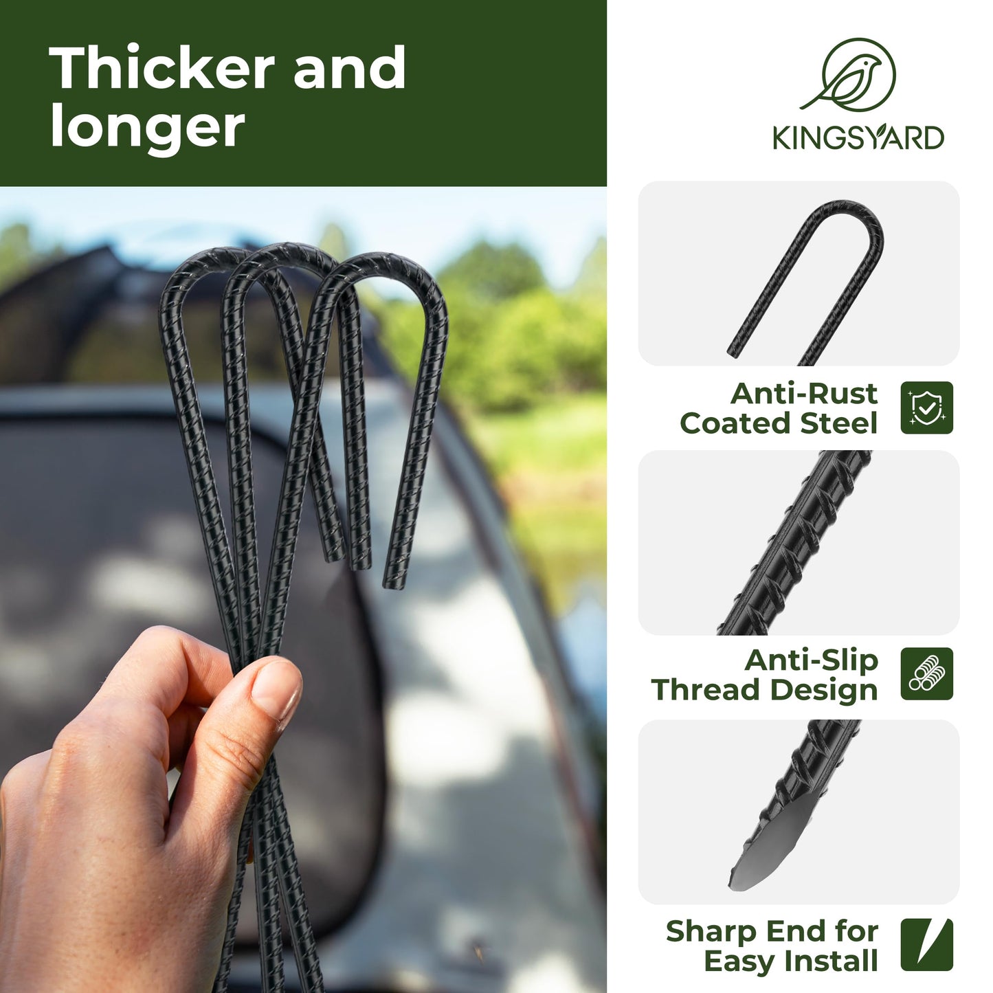 Kingsyard 10 Pack Tent Stakes Heavy Duty, 12 Inch 1/4 Inch Diameter J Shape Hook Rebar Stakes, Galvanized Steel Ground Anchors Metal Spikes for Yard, Hoses Landscape, Chain Link Fence, Black