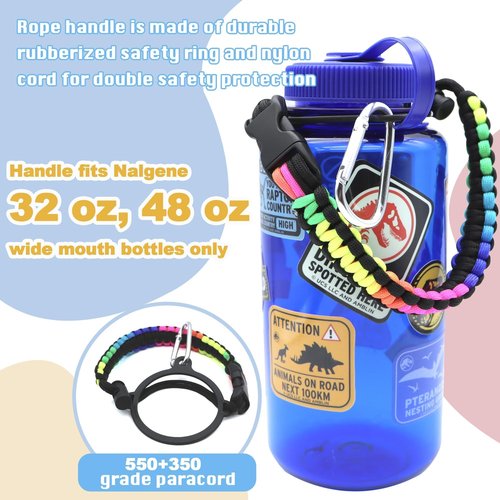 LUTQ 2 Packs Cap Strap for 32oz Wide Mouth Nalgene Bottles - Durable Paracord Strap with Aluminum Alloy Safety Buckle - Handle Compatible with Nalgene - Rainbow