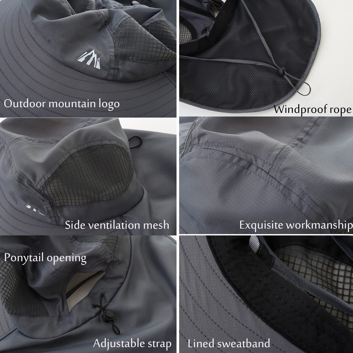 UV Sun Protection Hat Women Foldable Neck Flap Wide Brim Hiking Hat with Ponytail Hole for Women Dark-Gray