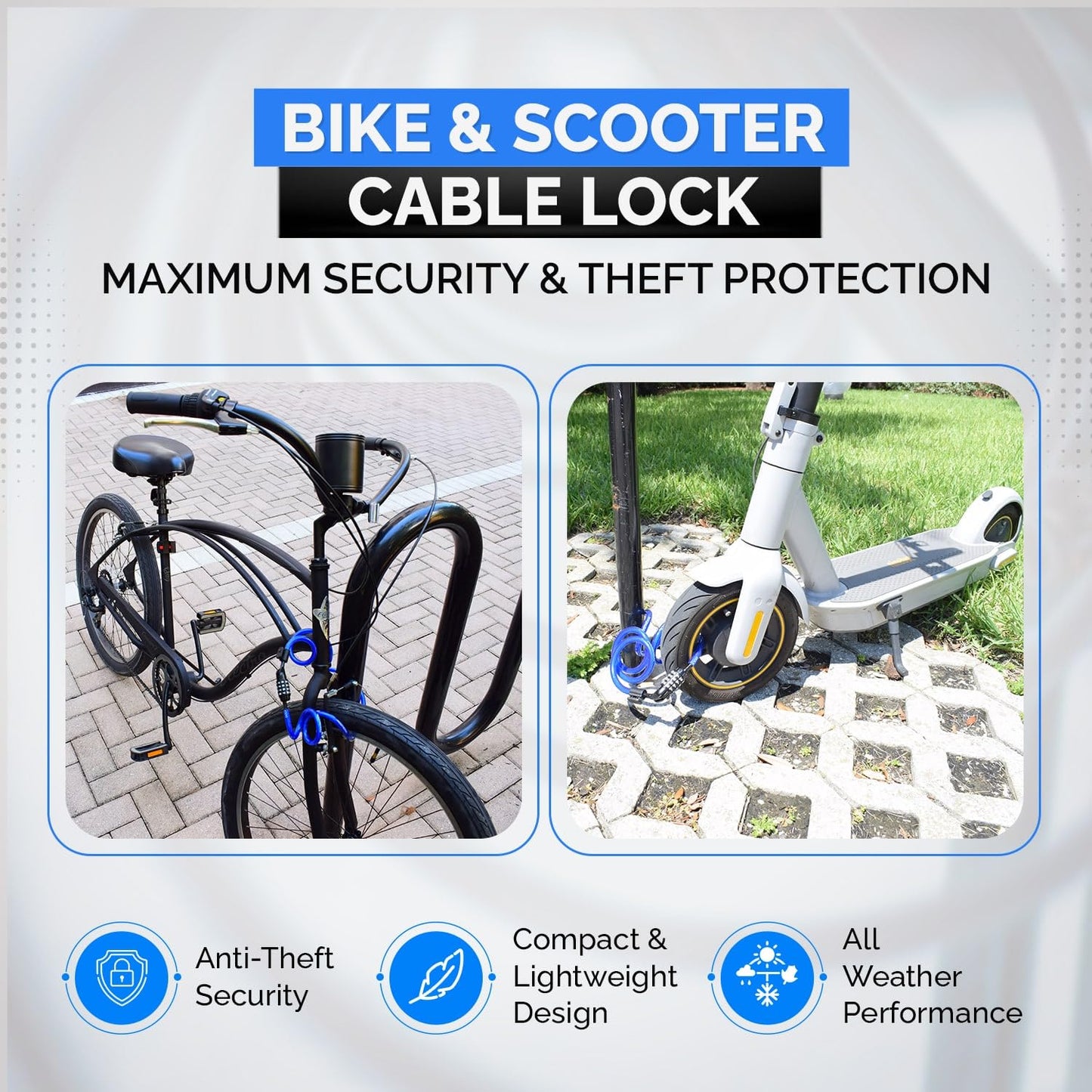 DockLocks Security Cable Lock Set (4' or 6') Coiled, Keyless Resettable Combination, Mounting Bracket, Portable and Compact for Bikes, Scooters 6ft