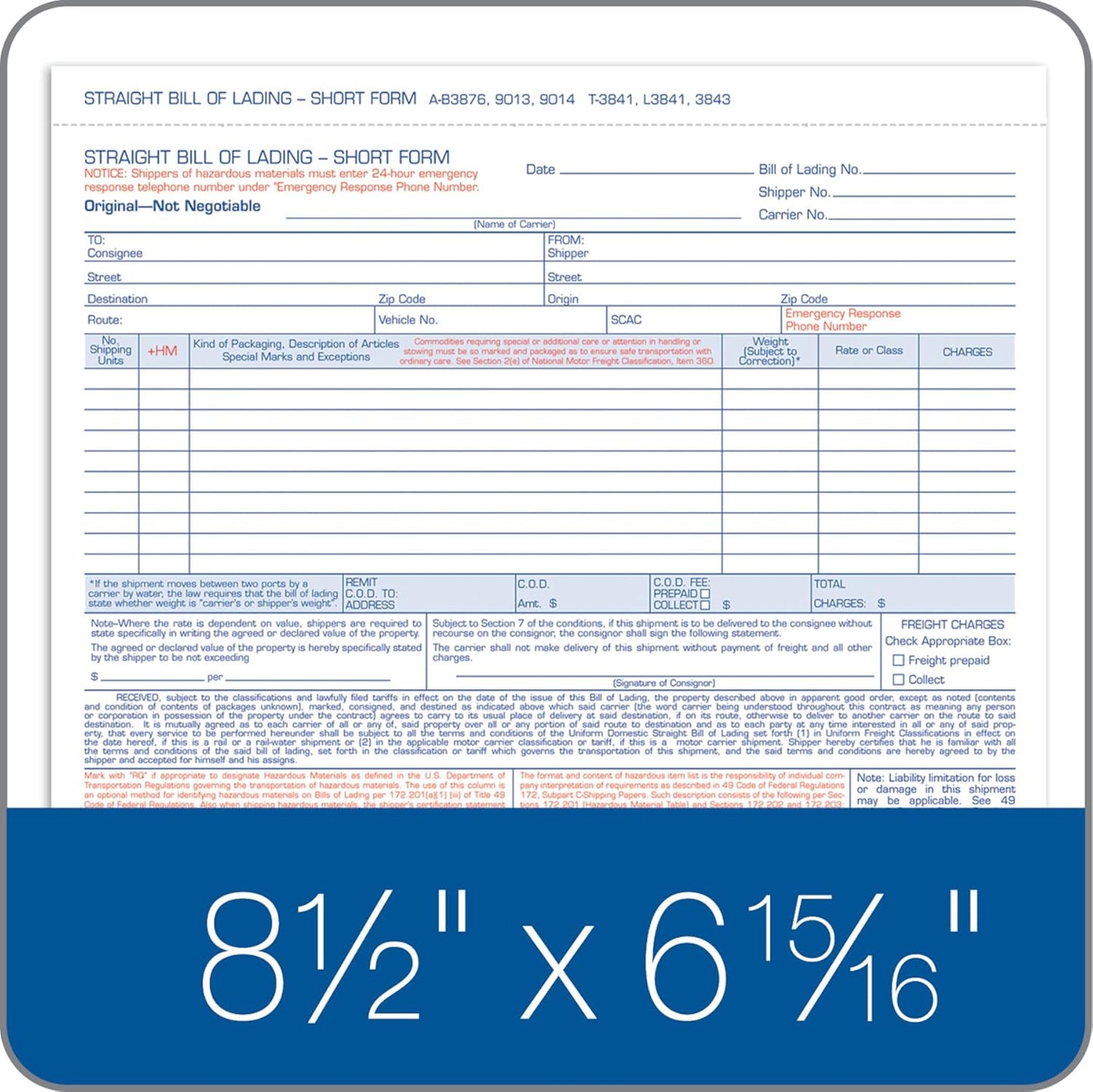 Adams Bill of Lading Short Form, 8-1/2 x 7-7/16 Inches, White, 3-Part, 250-Count (B3876)