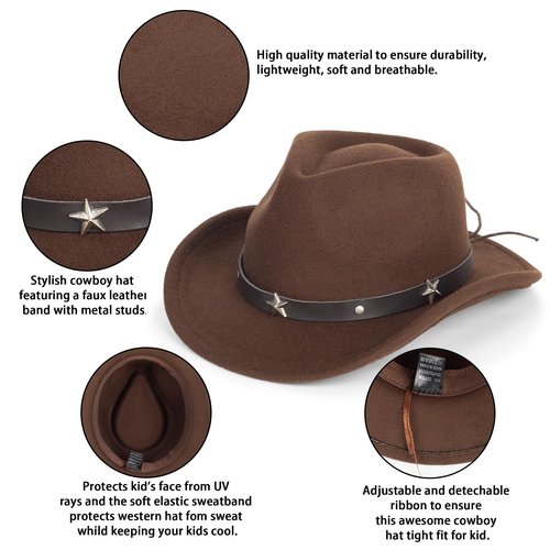 Western Cowboy Cowgirl Hat for Kids Boys Girls Felt Fedora Hats (for Kids 3-6 Years) (US, Age, 4 Years, 8 Years, Coffee)