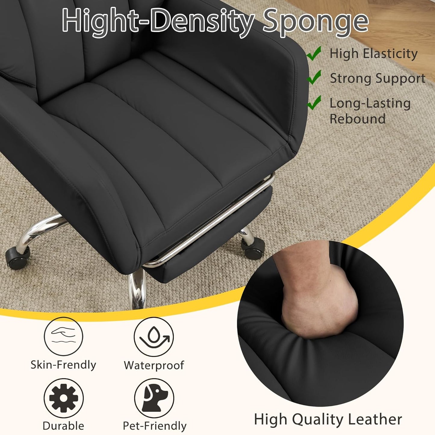 Ergonomic Cross Legged Office Chair with Footrest,Leather Big and Tall Executive Chair with Wheels,Reversible Armrest and Lumbar Pillow,135° Reclining Computer Wide Desk Chair for Home,Office (Beige)