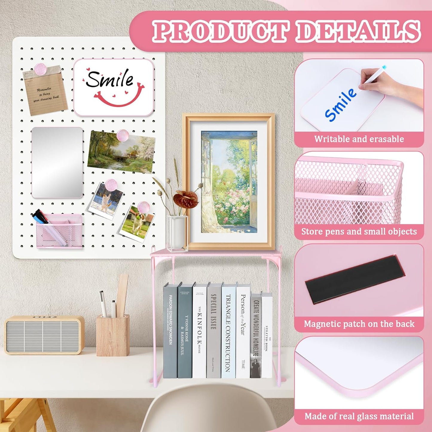 11 PCS Locker Accessories Kit Pink Locker Organizer Decorations Supplies Includes Folding Shelf, Magnetic Mirror & Whiteboard, Pen Holder, Dry Erase Markers, Magnets, Back to School Essentials