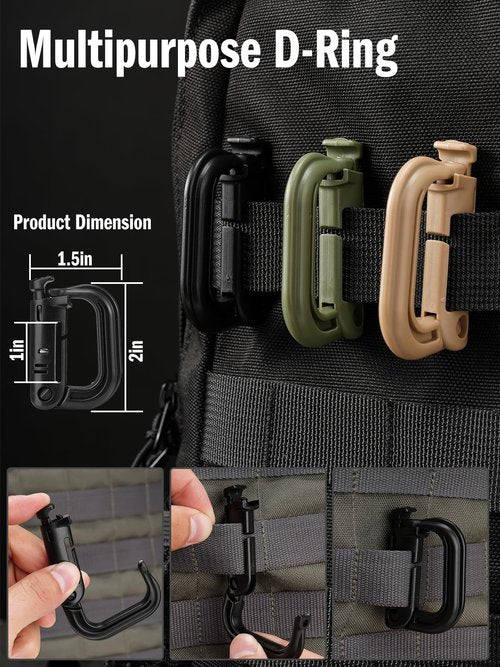 VIPERADE VAB1 10 Pack Multipurpose D-Ring, Grimlock Locking for 1.4" Molle Webbing,Tactical Locking Carabiner for MOLLE Webbing Attachment Backpacks/Pouch/Bag (Black)