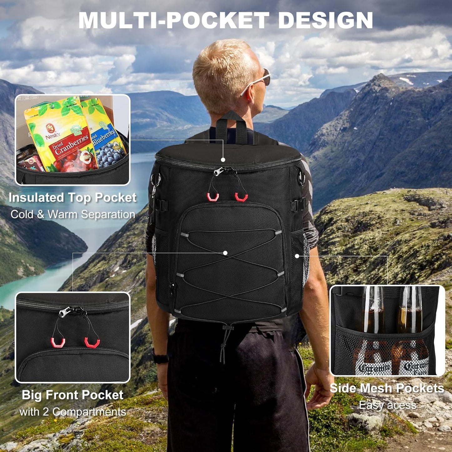 Karamagic Cooler Backpack 30 Cans,Portable Backpack Coolers Insulated Leak Proof,Made with Water-Resistant 900D Oxford Lightweight Cooler Bag for 12h Hot/Cold Retention (Black(900D))