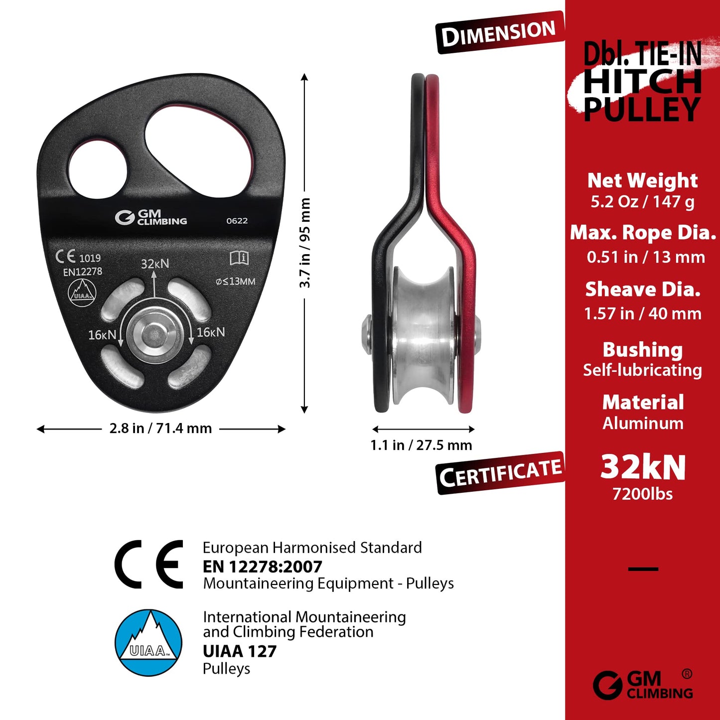 GM CLIMBING 32kN Double Tie-in Hitch Pulley Self-lubricating Bushing CE UIAA Certified Hitch Tender Advance Prusiks for Arborist Tree Climbing Positioning Lanyards Pack of 2