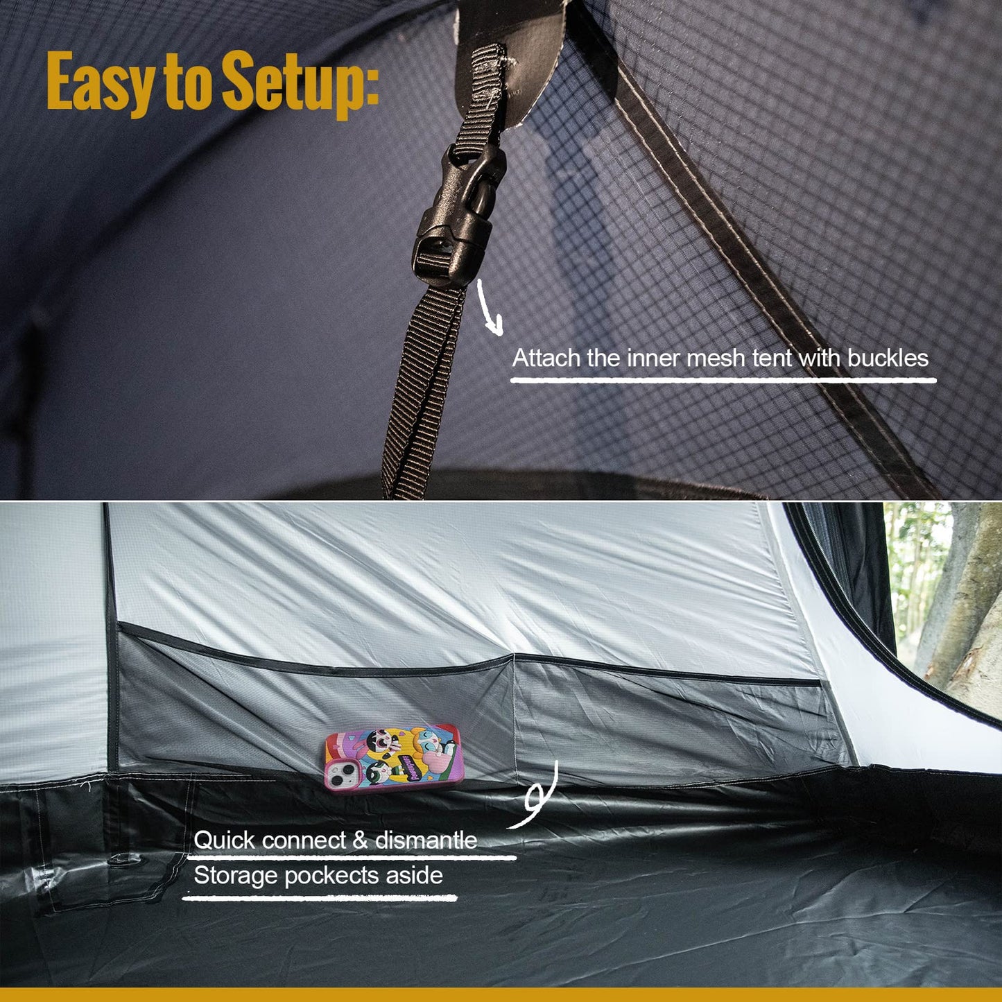 OneTigris COMETA Camping Tent, Detachable Inner Mesh Tent & Portable Carry Bag Included, Easy Setup, Waterproof Windproof Tunnel Tent for Outdoors Camping Canoeing Beach Travel Picnic (Black)