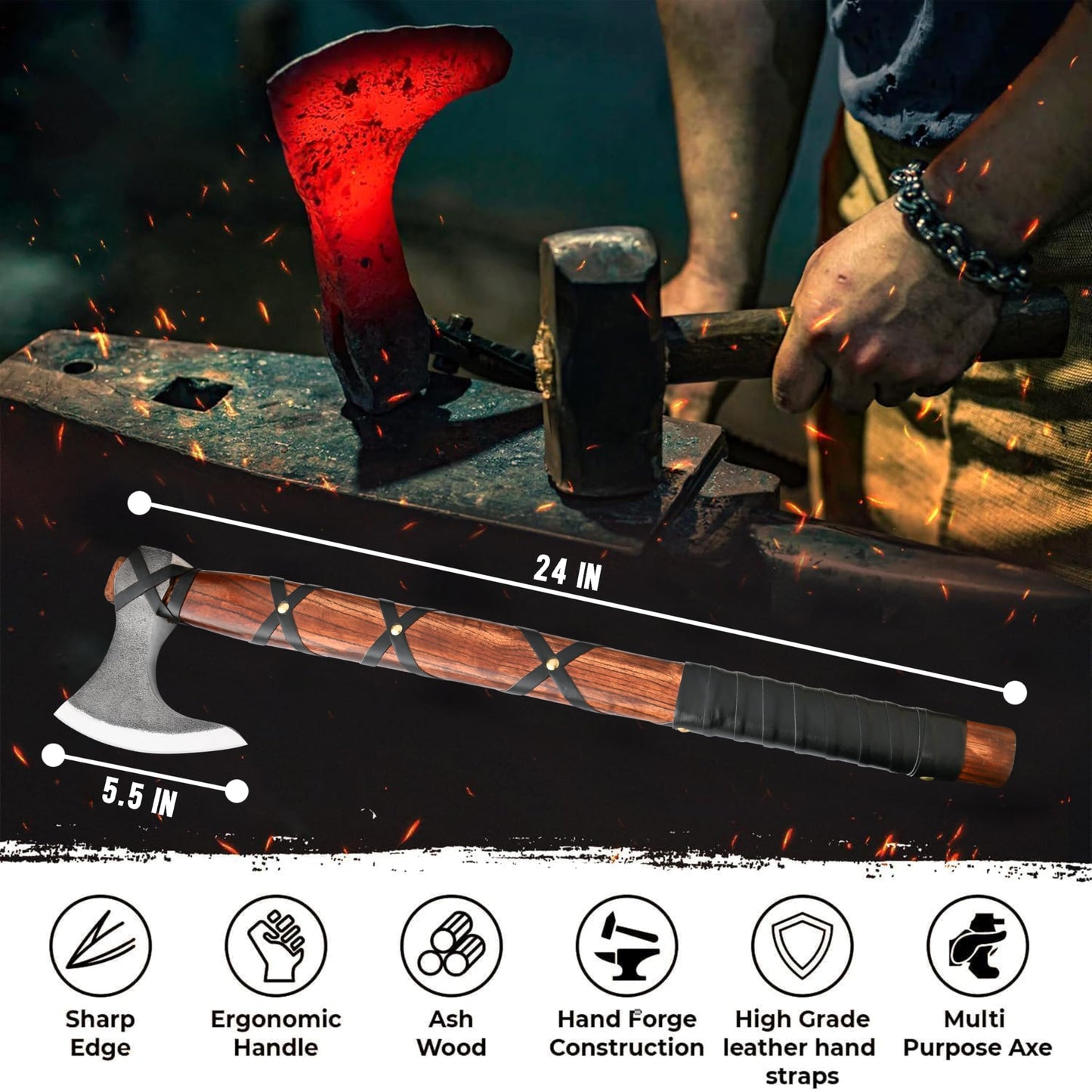 22-Inch Hand-Forged Viking Bearded Axe with Sheath – Survival & Camping Hatchet for Men – Best Gift (Brown Ragnar)