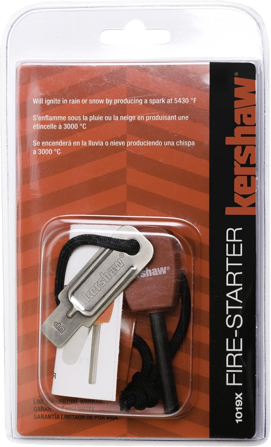 Kershaw Firestarter (1019X),3.1” High-Performance Magnesium Firesteel,Chrome-Plated Striker Steel,Up to 3000 Strikes,Waterproof,Easy to Operate,Red Molded Plastic Handle,Nylon Lanyard,1.1 OZ,Small