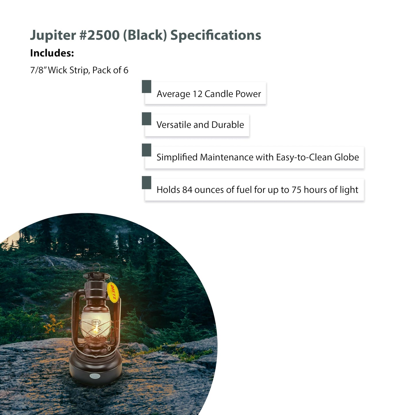 Light of Mine - Dietz #2500 Jupiter Plain Black Oil Lantern with 7/8" Replacement Wick Strips (#2500, Black)
