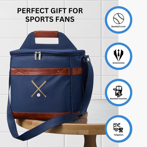 Premium Insulated Cooler, Baseball Soft-Sided Bag - Lunch, Beer & Drink Carrier for Tailgating, Game Day, Golf & Outdoor Sports - Holds 12 Bottles, 18 Cans - Leather Accents, Shoulder Strap (15L)