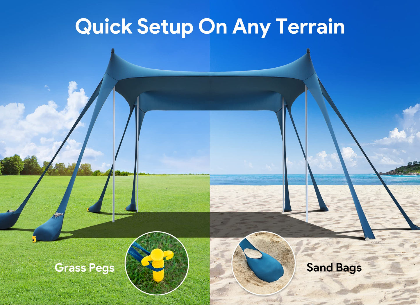 Osoeri Beach Tent, Camping Sun Shelter UPF50+ with 8 Sandbags, Sand Shovels, Ground Pegs & Stability Poles, Outdoor Shade Beach Canopy for Camping Trips, Fishing, Backyard Fun or Picnics