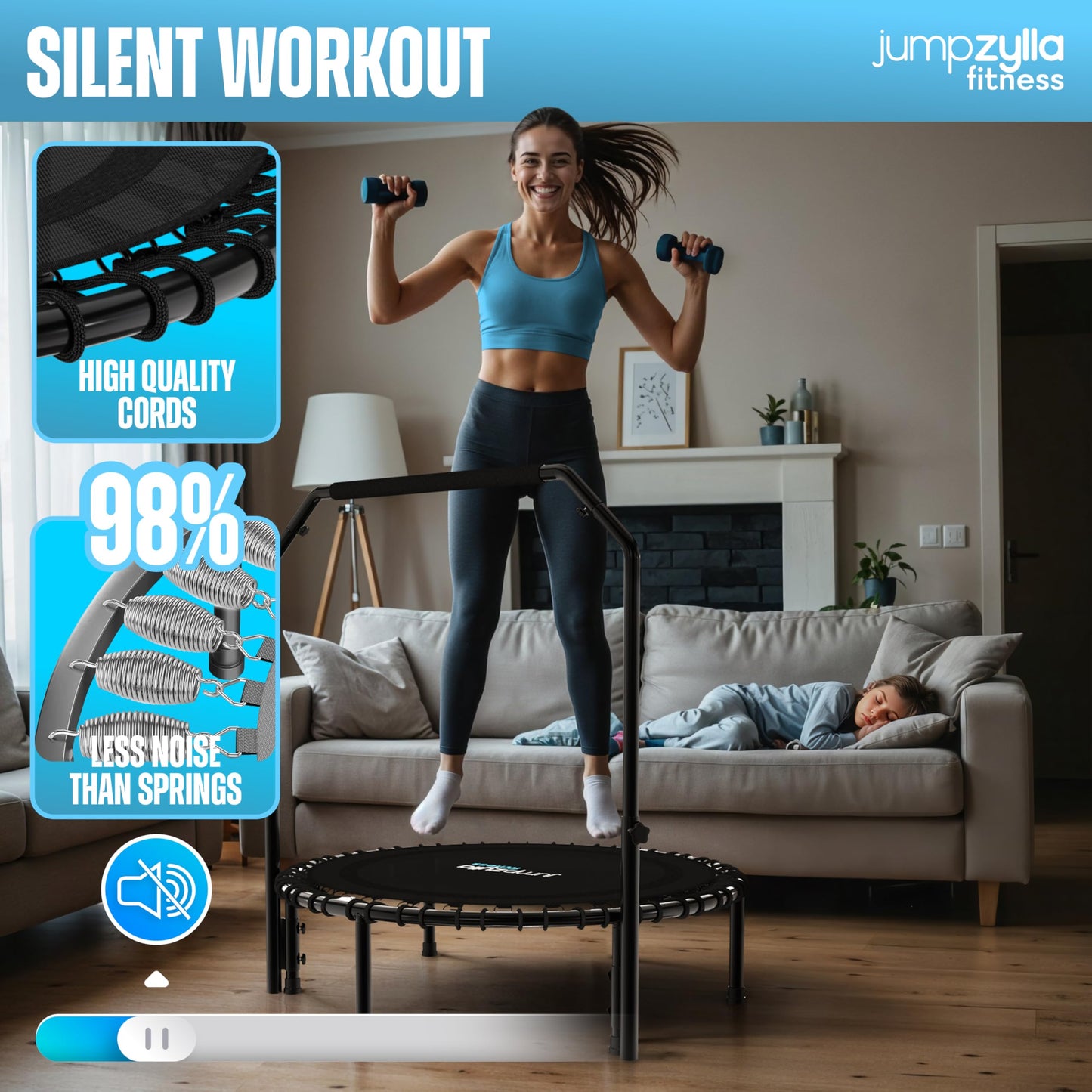 Jumpzylla Fitness Trampoline 40"| Foldable Mini Rebounder Trampoline for Adults with Bar | Durable, Quiet, Low-Impact Exercise Equipment for Indoor and Home Workouts (450 LBS Capacity)