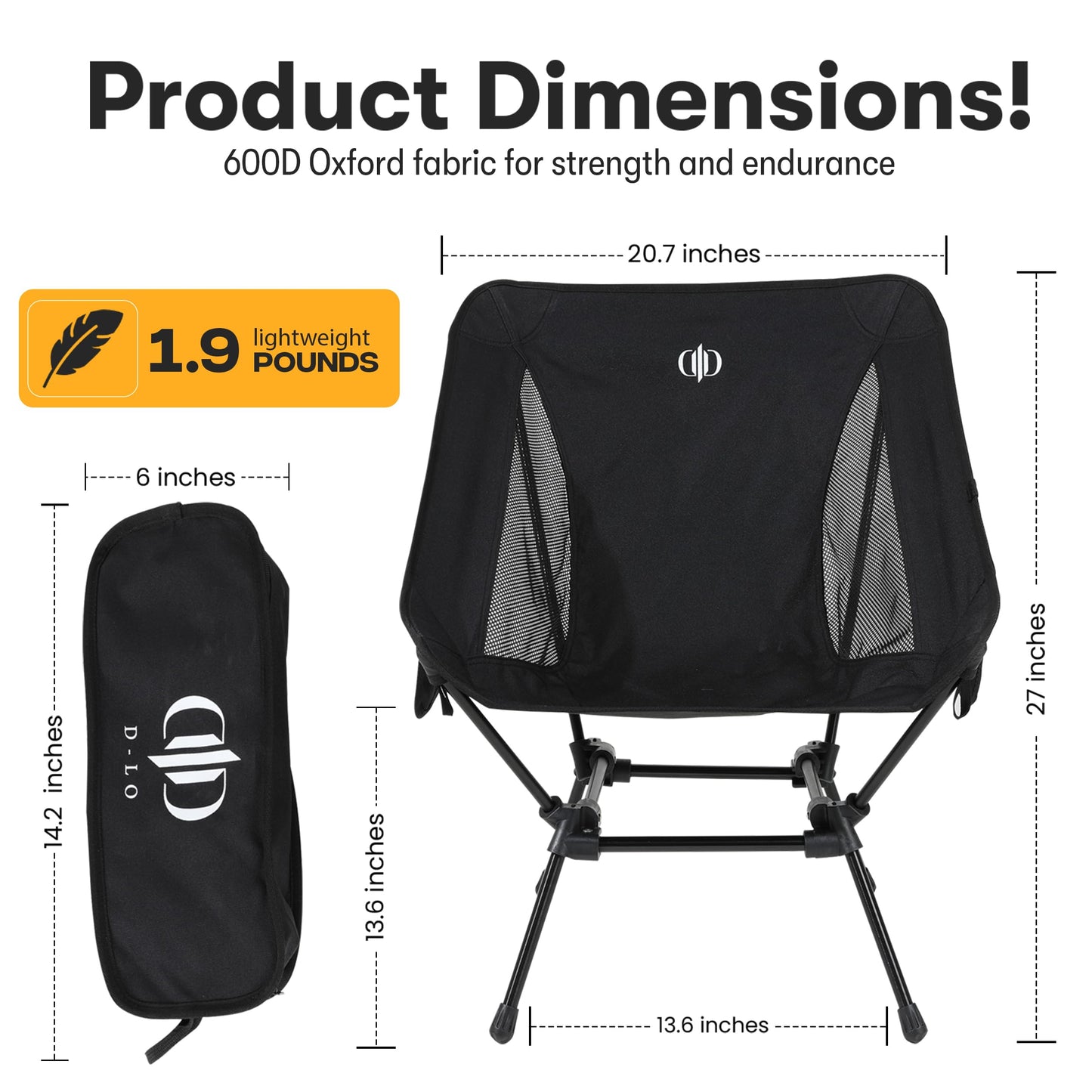 D-LO Ultralight Camping Chair - Black - Upgraded Dual Pocket - High Strength 600D Oxford Fabric - 7075 Aluminum Alloy - Great for Camping, Hiking, Lounging