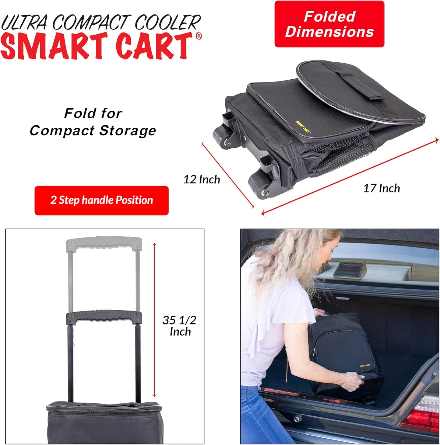 Ultra Compact Cooler Smart Cart with Wheels - Collapsible Insulated Cooler Bag - Foldable Travel Cooler 36 Cans - Leak Proof Trolley - Black