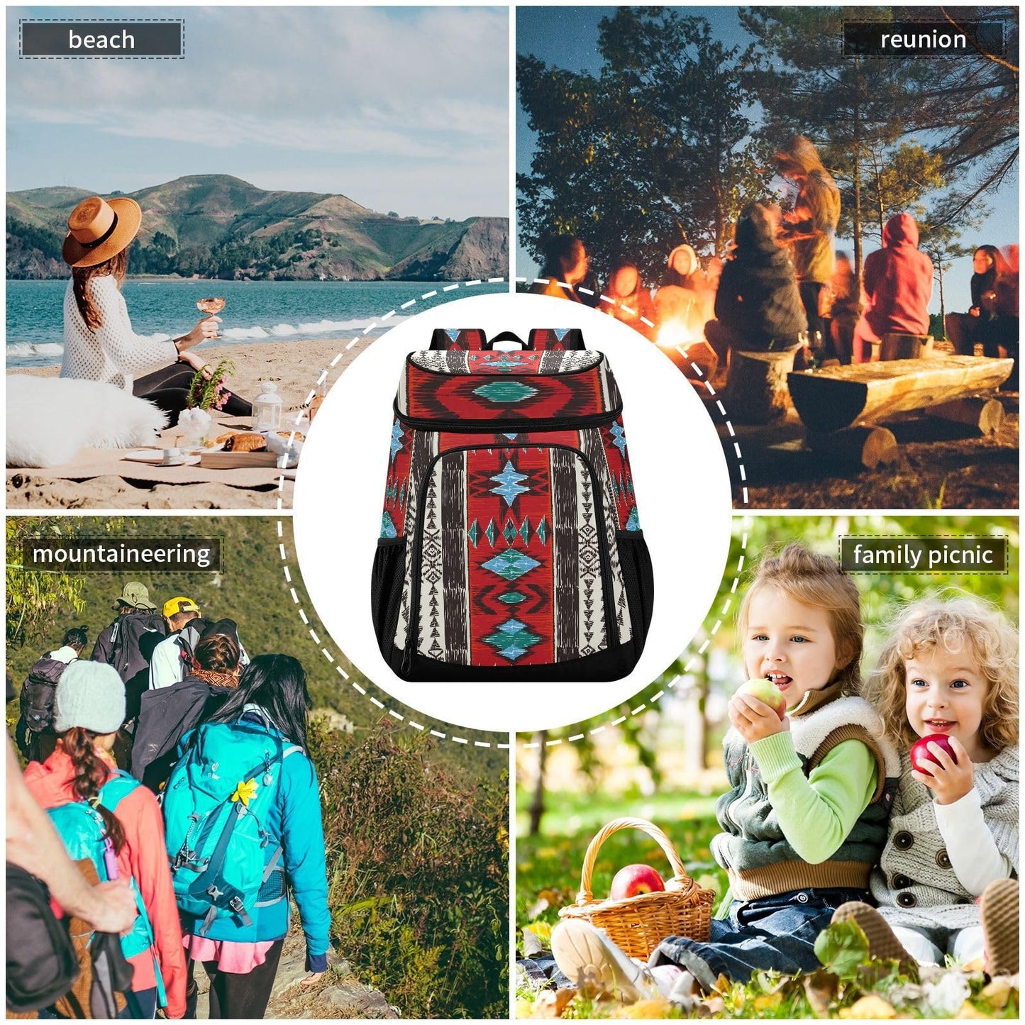 Red Aztec Bohemia Tribe Cooler Backpack Insulated Leak Proof Beach Cooler Bag 30 Cans Waterproof Lightweight Soft Lunch Picnic Hiking Camping Backpack Cooler for Men Women