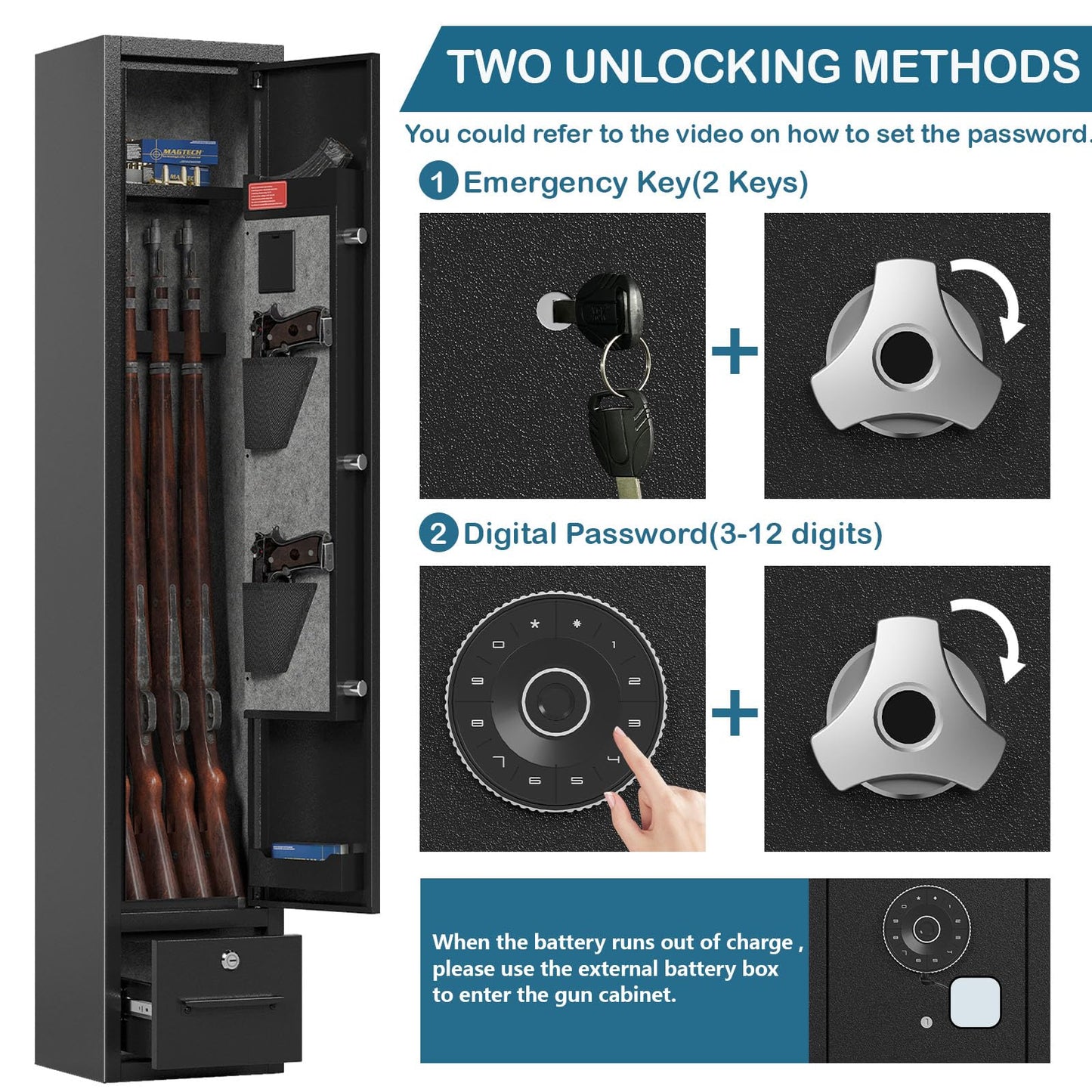 Gun Safe for Rifles and Pistols Gun Safes for 4 Rifles Gun Cabinet for Rifles and Shotguns Steel Rifle Safes for Home Clearance Gun Safe Gun Safes & Cabinets with Drawer Removable Shelf Gun Rack