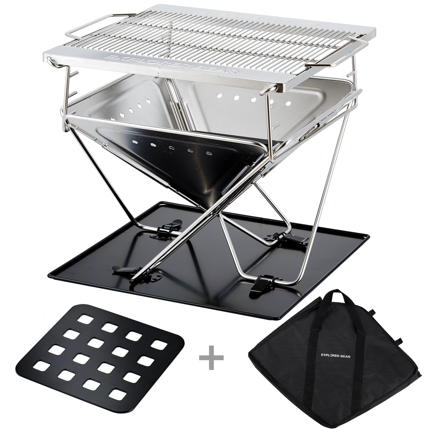 Explorer Bear 20" Stainless Steel Foldable Takibi Fire & Grill with Carrying Bag, Grill Bridge, and Coal Bed | Portable Wood Burning Fire Pit | Perfect for Camping, Outdoors, Patios