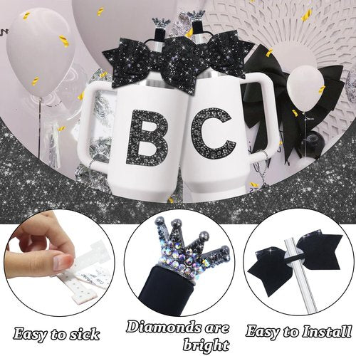 XIANGYUAN Water Bottle Accessories Set for Stanley Cup,Accessories Charms for Stanley Cup Including,Decorations for Tumbler Cup 30/40OZ,Glitter Silicone Boot with Bow Straw Cover (Black Diamond B)