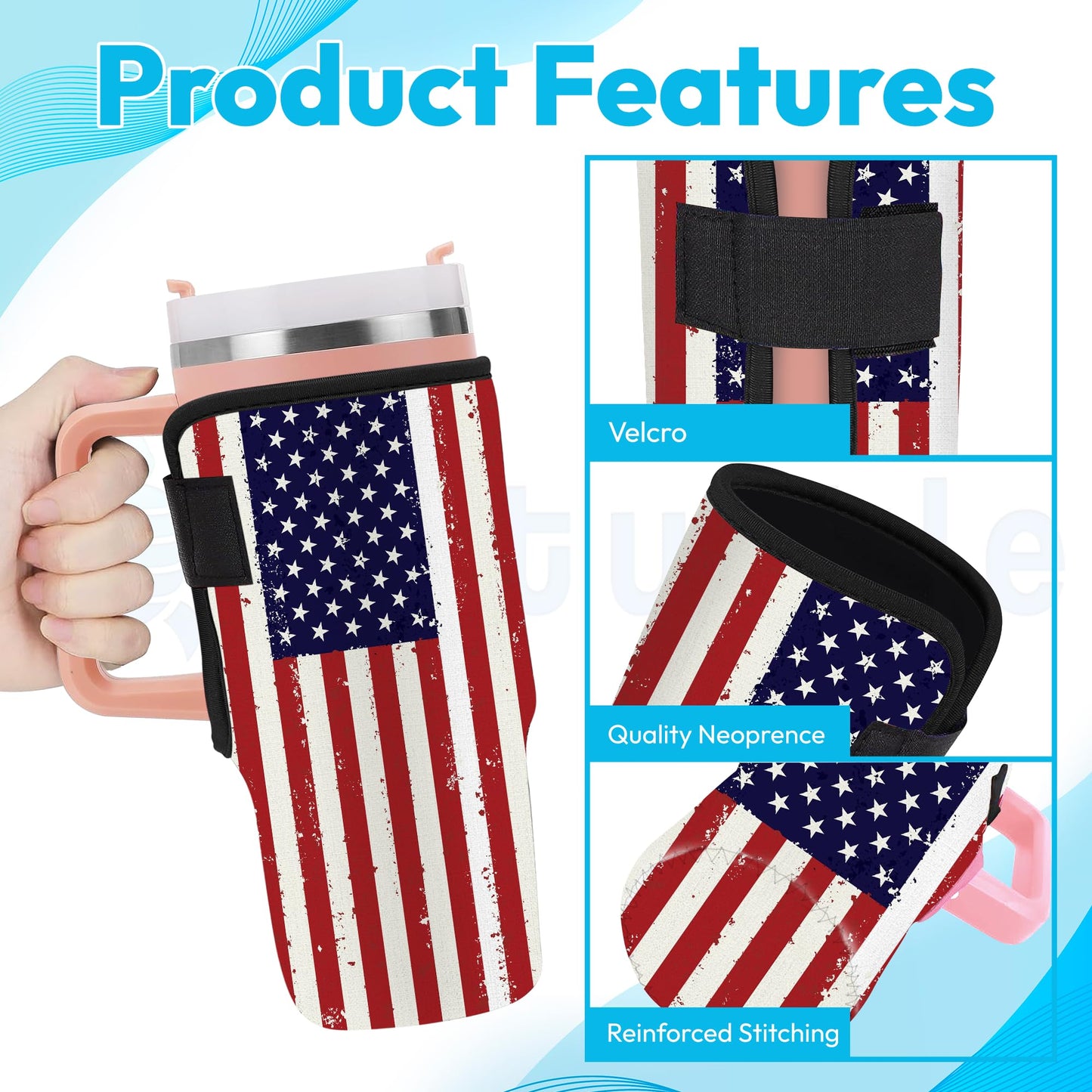 HYTURTLE Neoprene Insulator Sleeve American Flag Printed 40oz Cup With Handle, Accessories For 40oz Tumbler With Handle - 40oz Cup Protector - Easy Clean - Gifts For Patriot