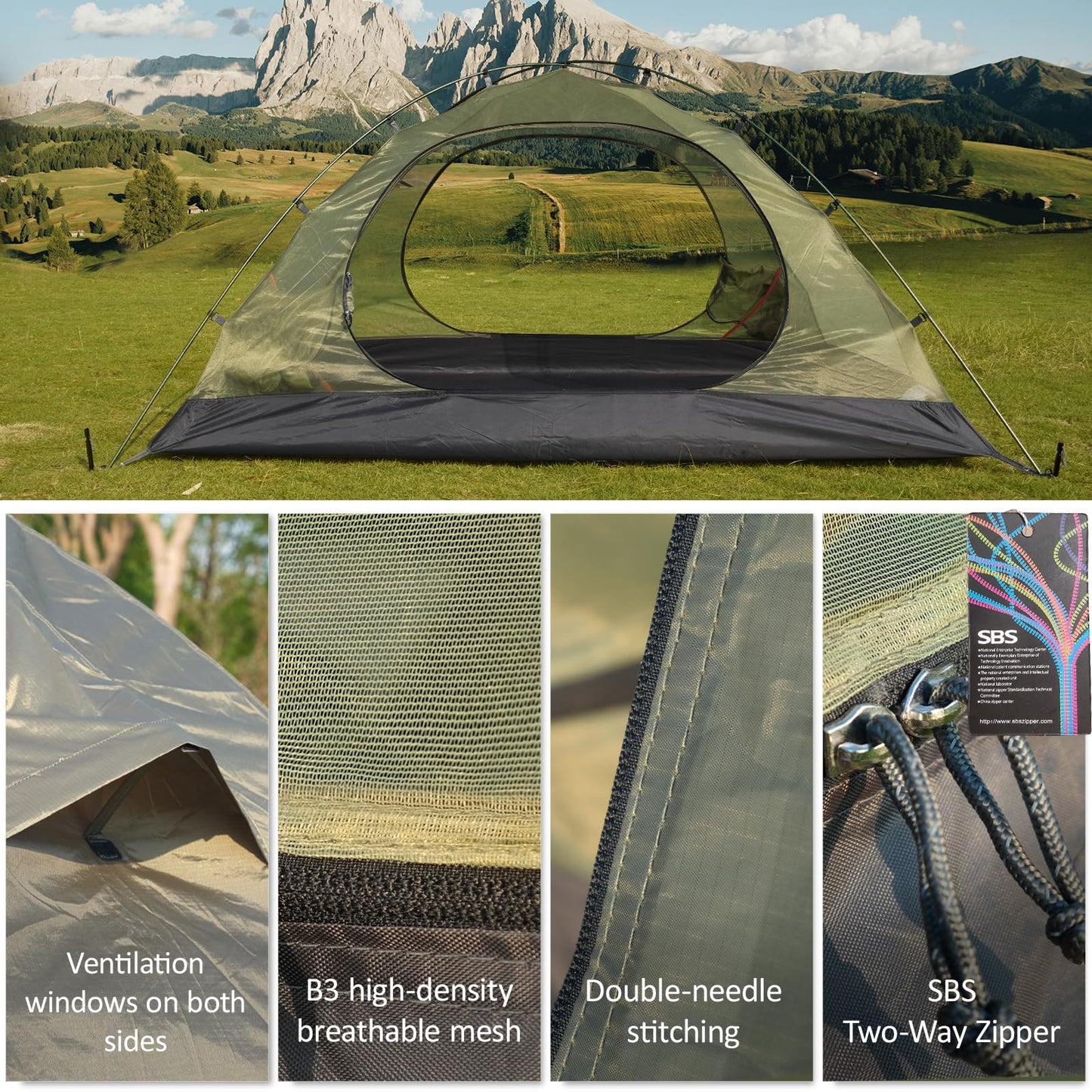 1/2 Person Backpacking Tent for 4 Season, Winter Ultralight Extreme Cold Weather Tents for Camping Easy Setup Waterproof Double Layer Tent for Family Outdoor Hiking Mountaineering (Green- 2 Person)