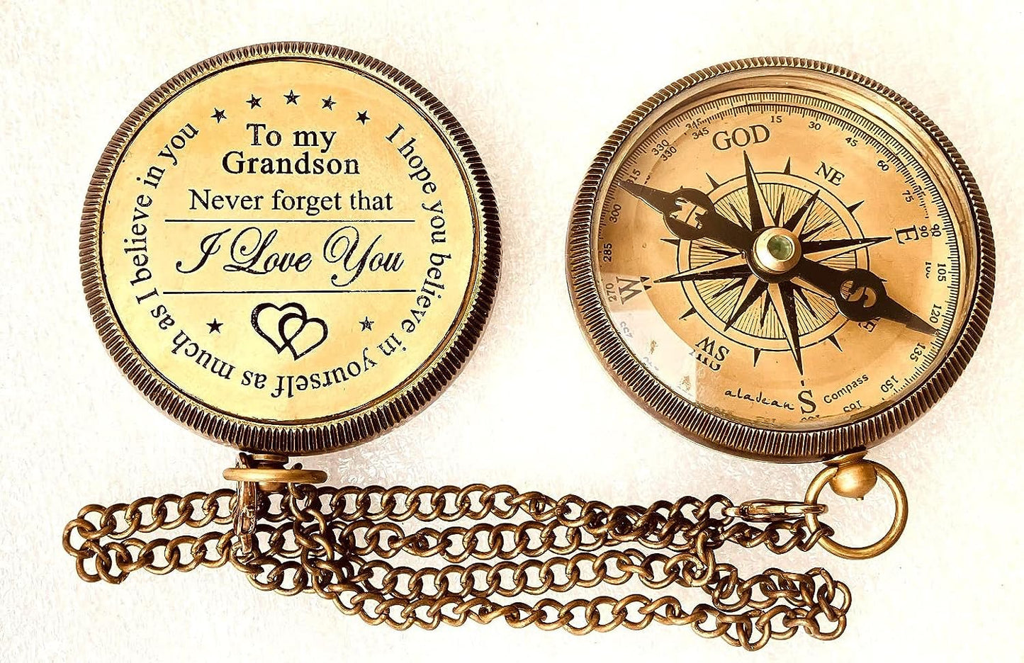 Gift for Grandson Brass Compass Engraved Quote | Memory Present to My Grandson Birthday, Baptism, Graduation, Confirmation, Love, Gift idea by Grandpa Grandma (#1 Grandson - I Love You)