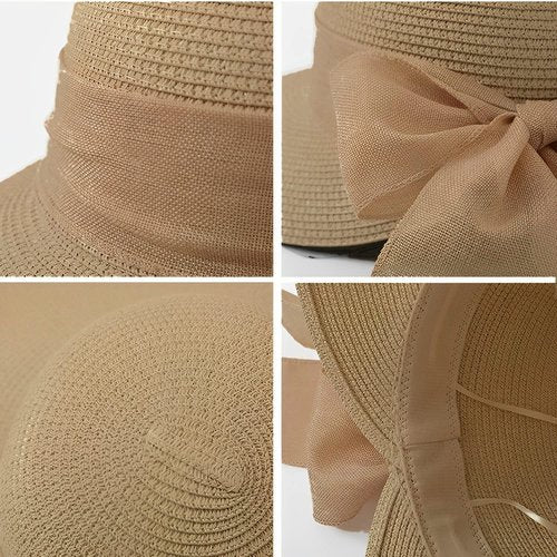 Womens Straw Sun Hat Wide Brim UV Protection Bucket Hat Foldable Packable Bowknot Visor Sun Cap Summer Outdoor Beach Cap Khaki