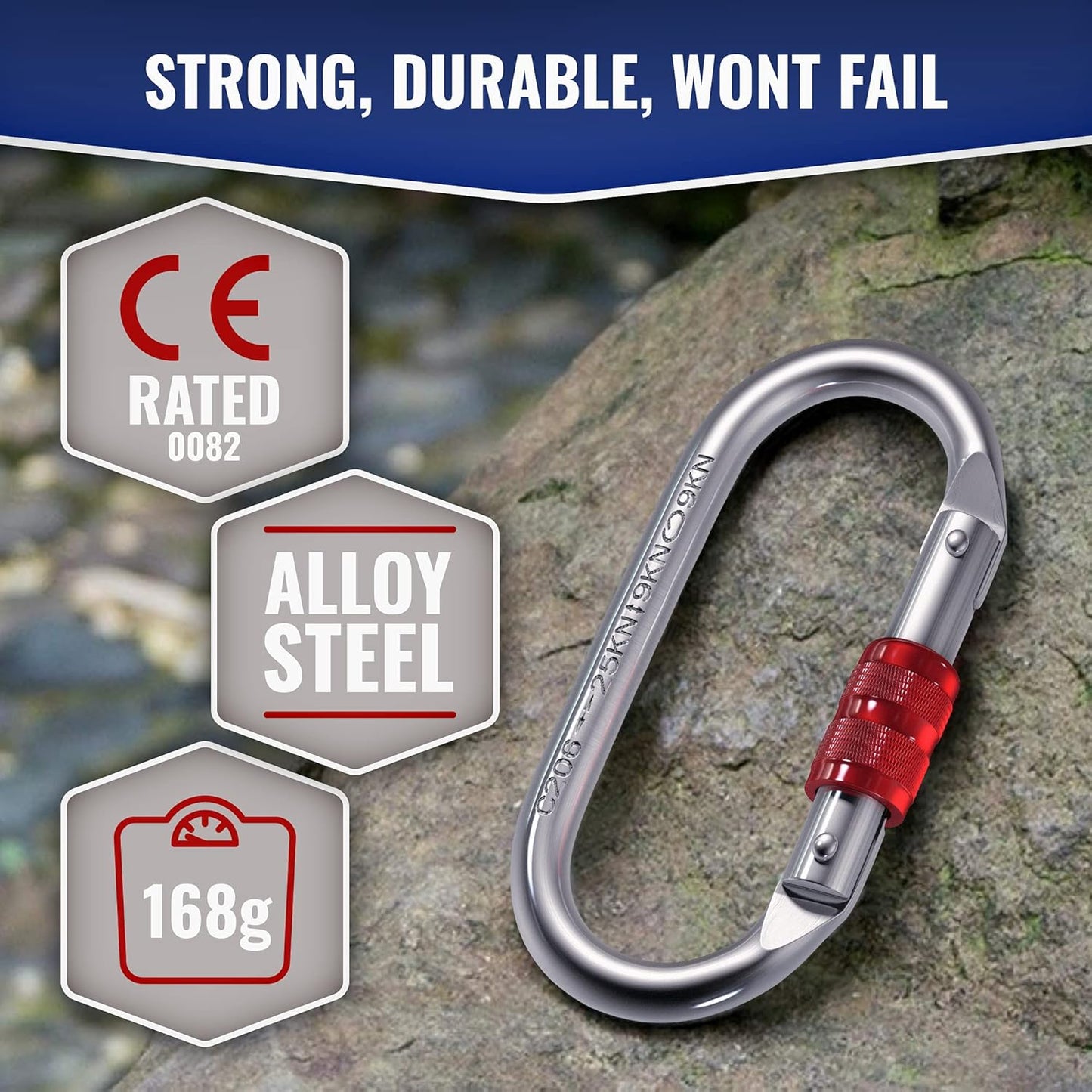 25kn Climbing Carabiner Clip - Heavy Duty O-Shape Steel Locking Caribeaner - UIAA/CE Certified Rock Climbing Gear - Strong Large Locking Oval Caribeener for Mountain Climbing