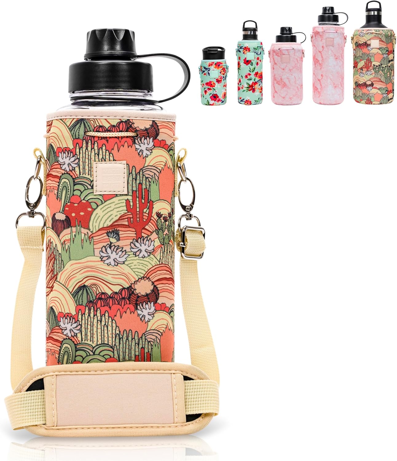 Insulated Neoprene Water Bottle Carrier | Adjustable Sling Pouch | Black, Large