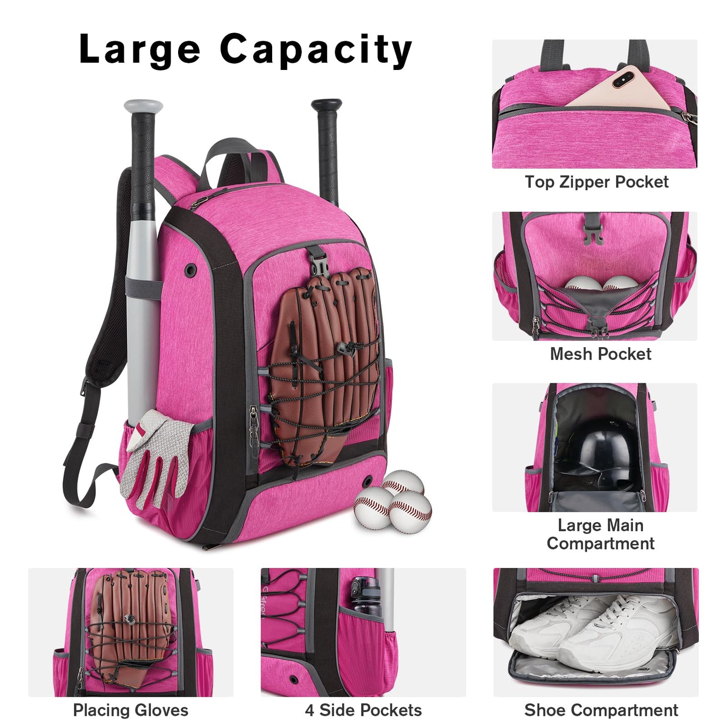 G4Free Baseball Bag for Youth Adults, Softball Backpack with Shoe Compartment, Large Bat Backpack with Fence Hook, Lightweight T-ball Gear Bag