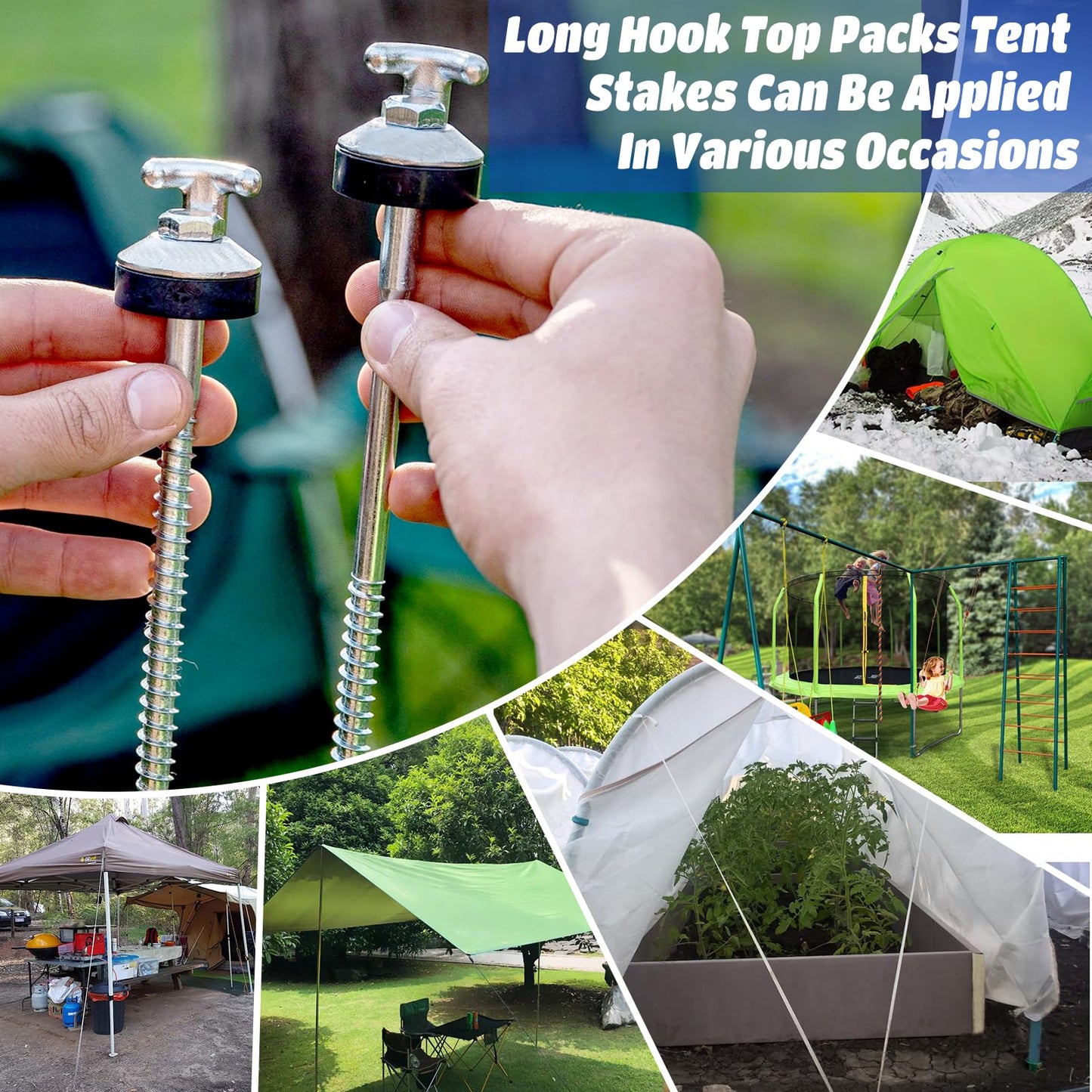 10 Pcs 6.2" Hex Pegs Stakes Drillable Tent Stakes, Drillable Threaded Long Hook Top Packs Tent Stakes for Grassland Garden Tents Canopies Awnings Camping Travel (Hex Tool and Storage Bag)