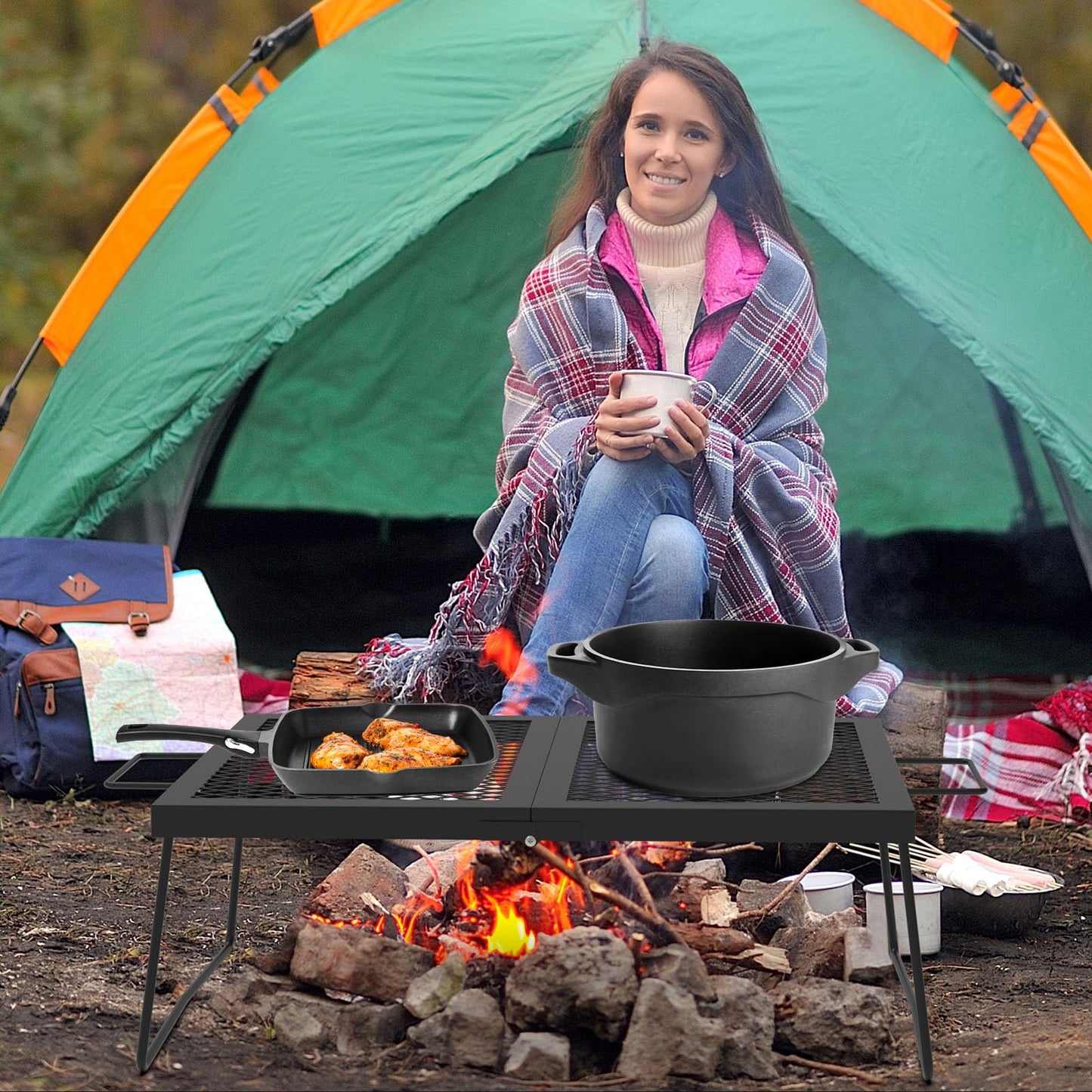 "Folding campfire Grill Cooking Racks Campfire Grate Over Fire Pit, Fireplace Cooking Grate Fire grill Grate for Camping, Grill Grate Over the Fire Cooking Equipment Camping Accessories for Outside"