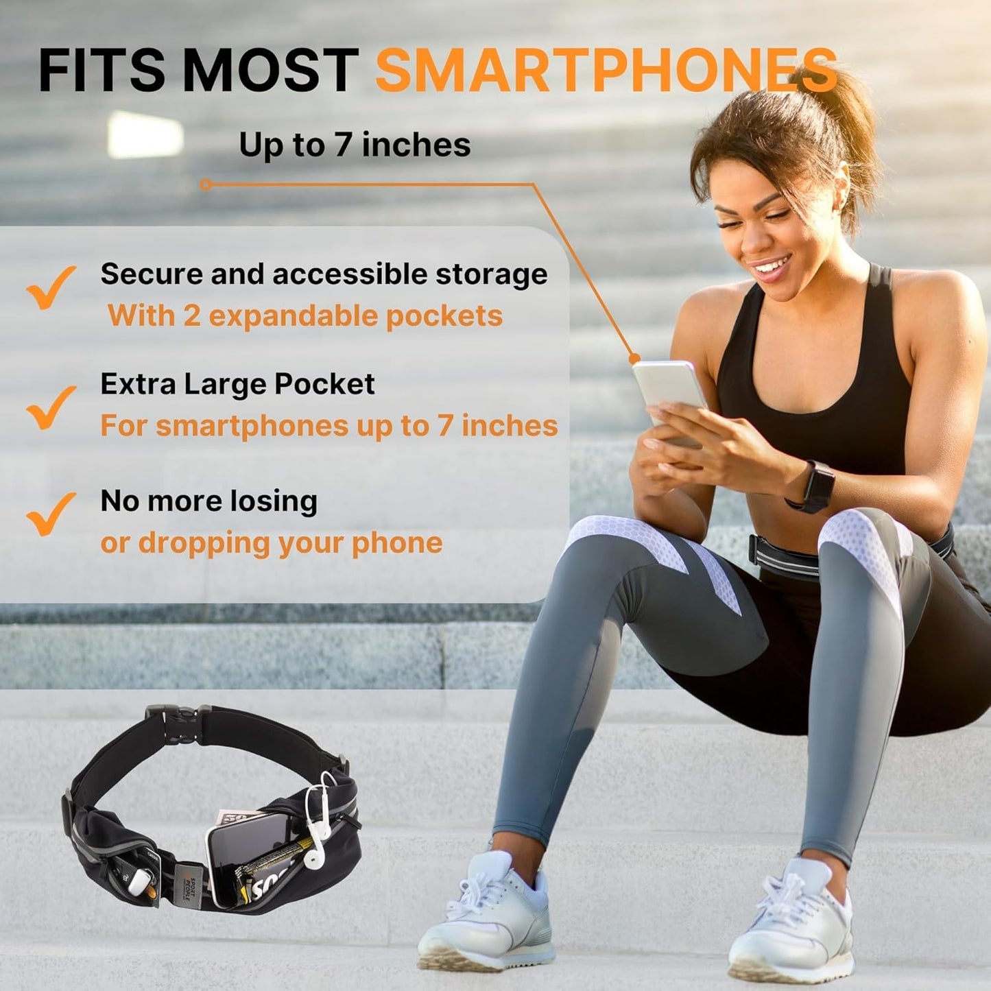 Slim Running Belt for Women and Men, Waterproof Phone Holder for Running, Reflective 2-Pocket Waist Pack for Storing Runnerโs Essentials Safely, Runnerโs Fanny Pack, Money Belt Fits Most Phones