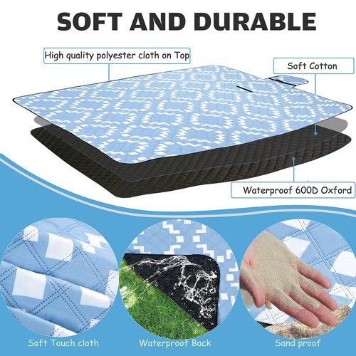 Large Picnic Blanket Beach Blanket Waterproof Sandproof Outdoor Blanket Foldable Beach Mat Sandfree Picnic Mat with Carry Strap Lightweight Beach Mat fit 2 to 4 Adults for Beach Grass Lawn Park