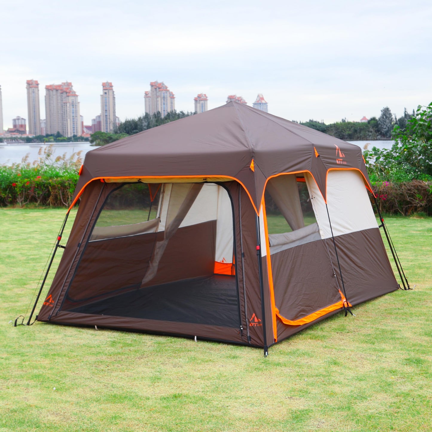 KTT Instant Tent 6 Person(B),Large Family Cabin Tents,Automatic Tent Build Quickly in 60S,2 Rooms,2 Top Windows,3 Doors and 3 Windows with Mesh,Waterproof,Big Tents for Outdoor,Picnic,Camping(Brown)